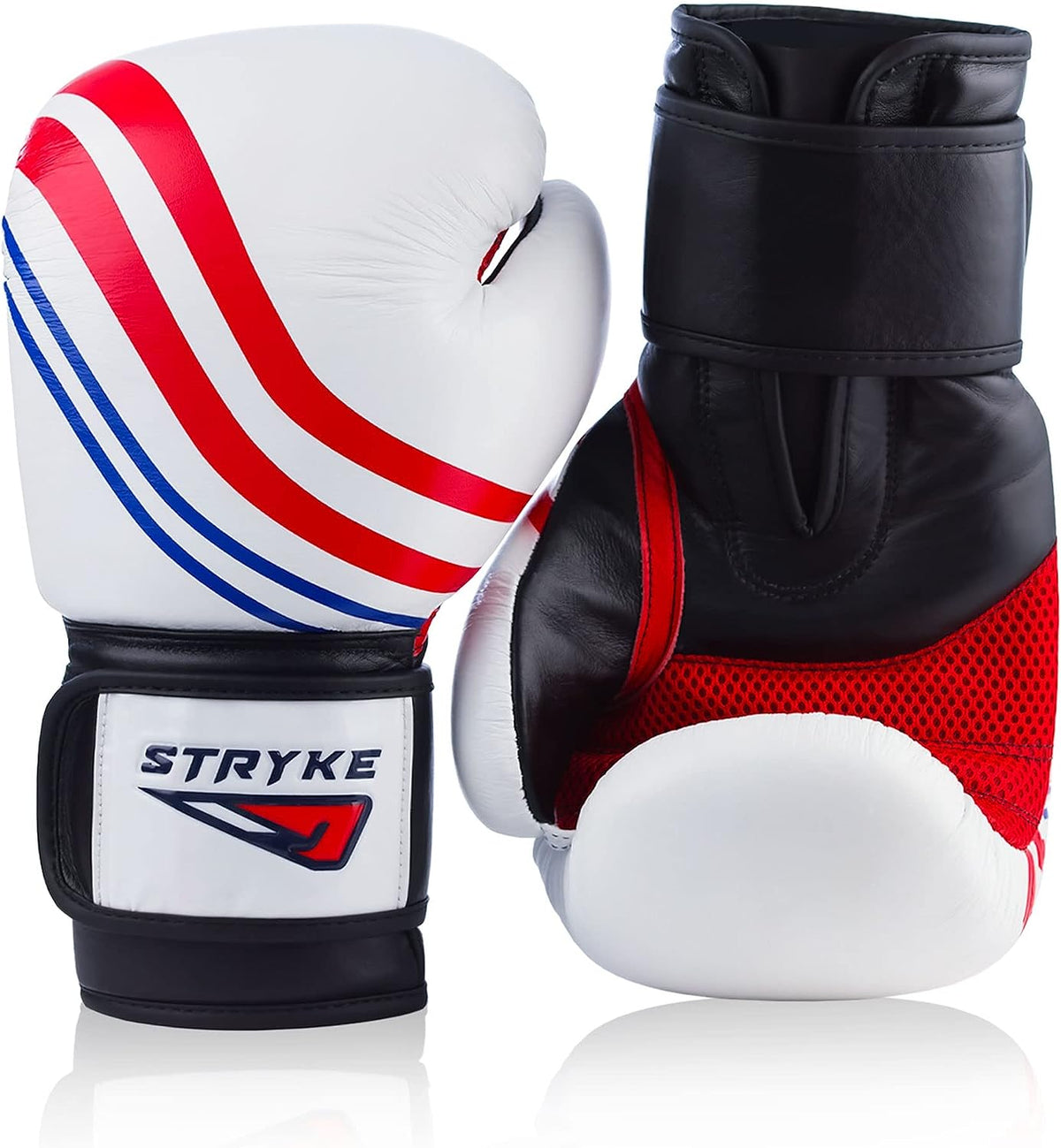 PRIZE FORM 16 oz genuine leather boxing gloves in red, white and blue with injection-molded foam padding