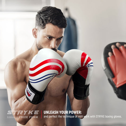 Boxer wearing PRIZE FORM 16 oz leather boxing gloves during mitt training