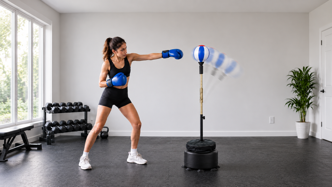 Woman training with the PRIZE FORM Cobra Reflex Bag in a home gym