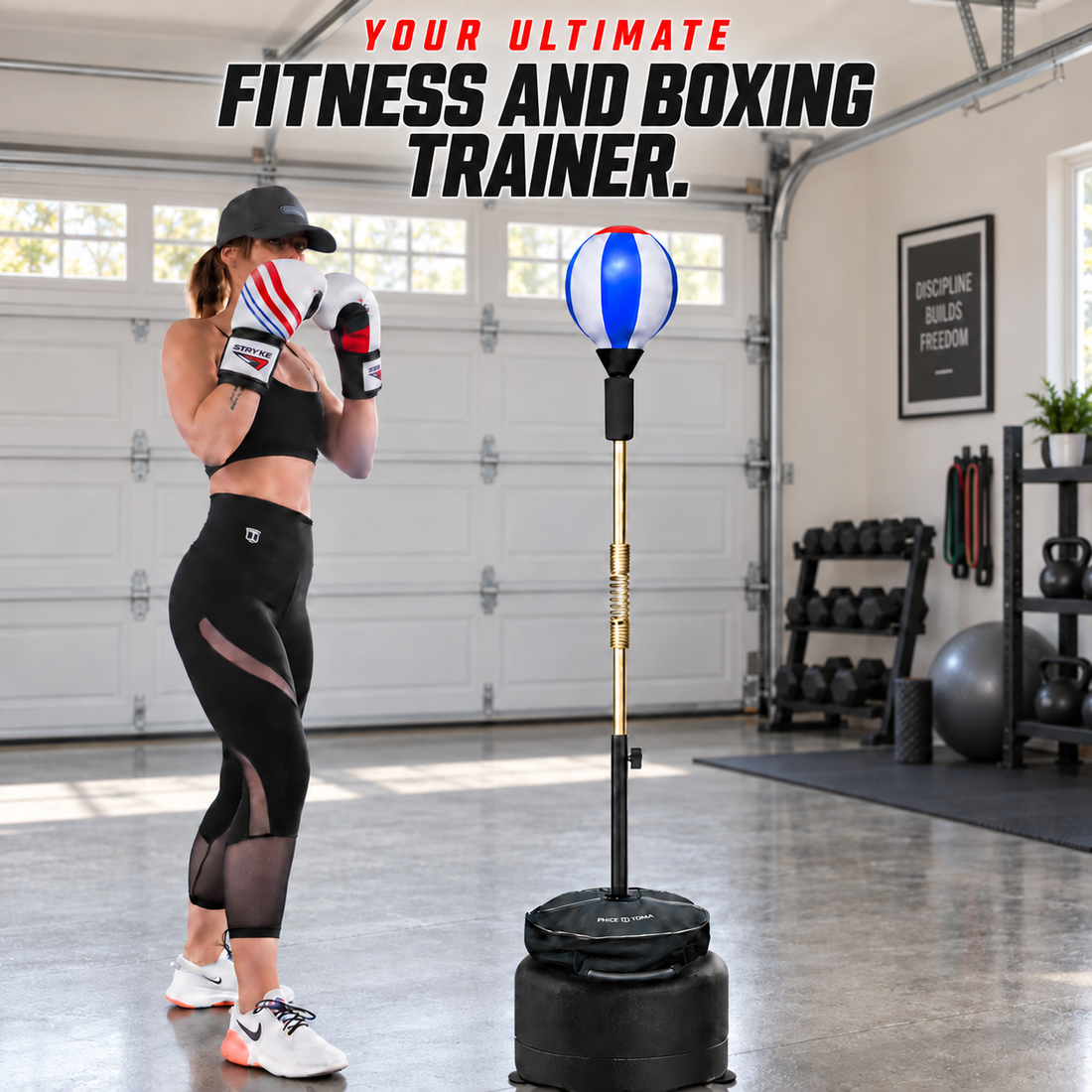 Boxer training with the PRIZE FORM Cobra Reflex Bag in a home gym