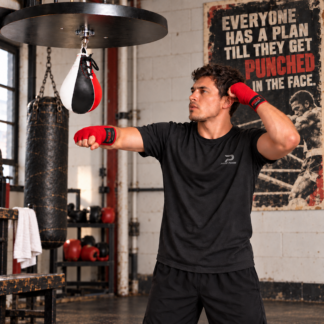 Boxer wearing red PRIZE FORM hand wraps training with a speed bag in a boxing gym
