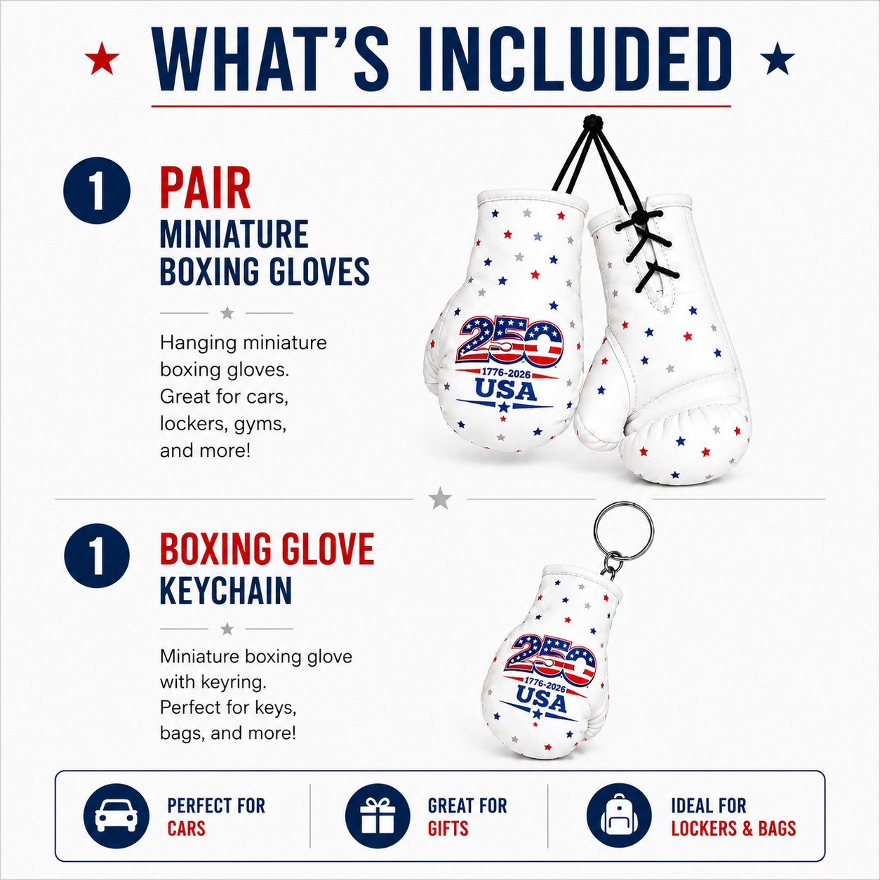 USA 250th Anniversary Mini Boxing Gloves & Keychain Set, Patriotic Boxing Gift