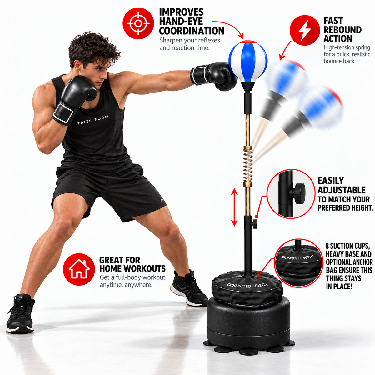 PRIZE FORM Cobra Reflex Bag features: fast rebound, adjustable height, suction cup base and home boxing training