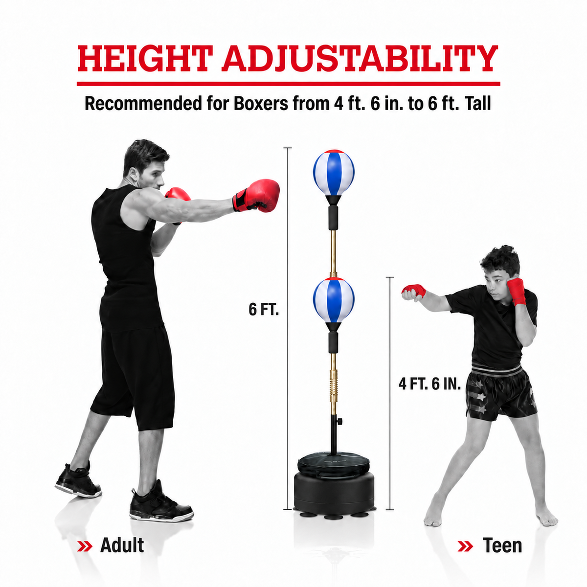 Height-adjustable Cobra Reflex Bag recommended for boxers 4 ft 6 in to 6 ft tall